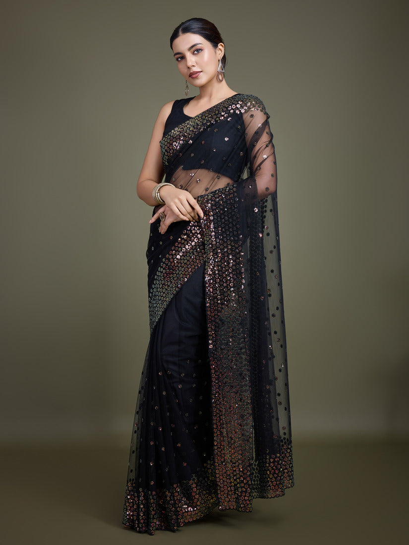 Monjolika Fashion Women'S Black Soft Net SareeWith Sequin Embellished Border And Pallu | Grocsy