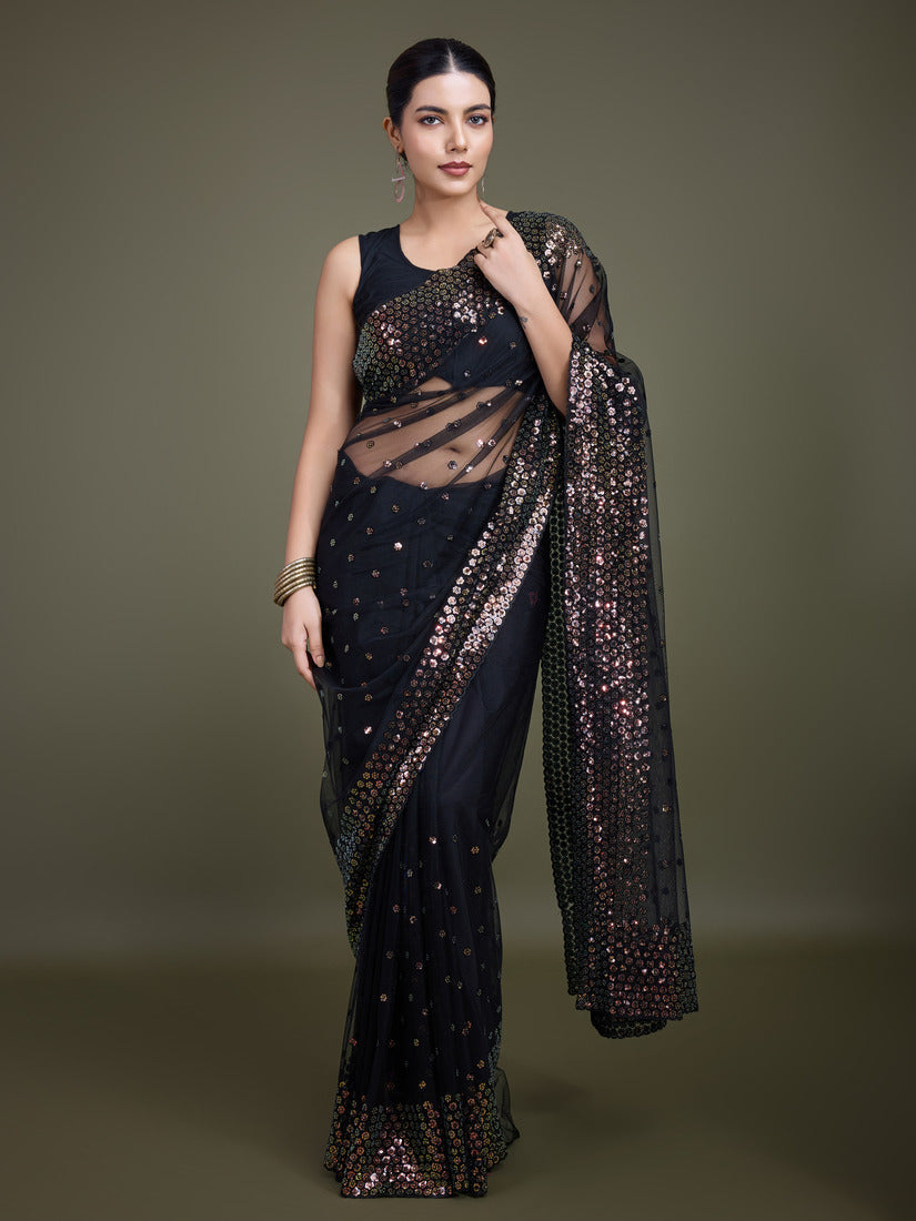 Monjolika Fashion Women'S Black Soft Net SareeWith Sequin Embellished Border And Pallu | Grocsy