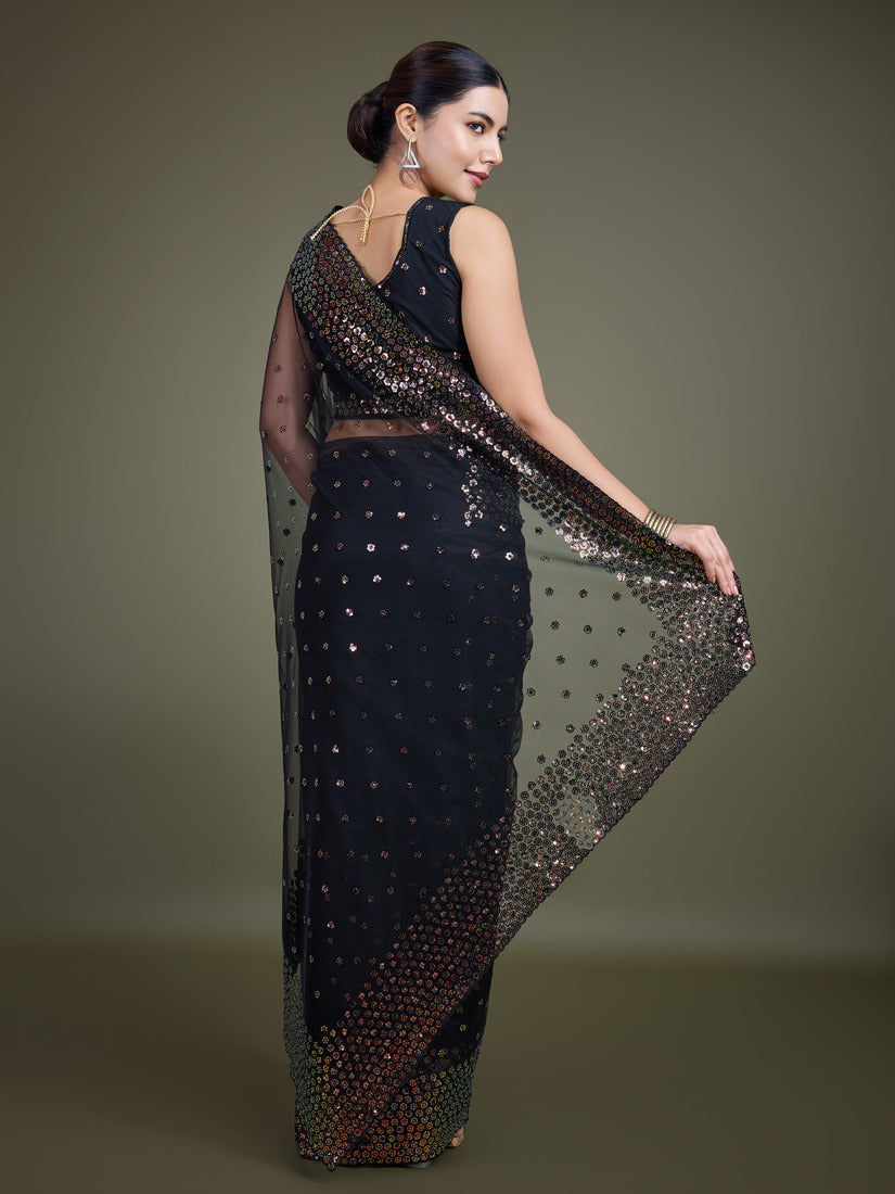 Monjolika Fashion Women'S Black Soft Net SareeWith Sequin Embellished Border And Pallu | Grocsy