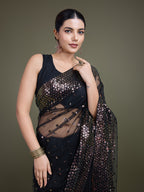 Monjolika Fashion Women'S Black Soft Net SareeWith Sequin Embellished Border And Pallu | Grocsy