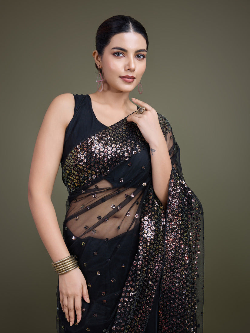 Monjolika Fashion Women'S Black Soft Net SareeWith Sequin Embellished Border And Pallu | Grocsy