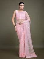 Monjolika Fashion Women'S Light Pink Soft Net SareeWith Sequin Embellished Border And Pallu | Grocsy