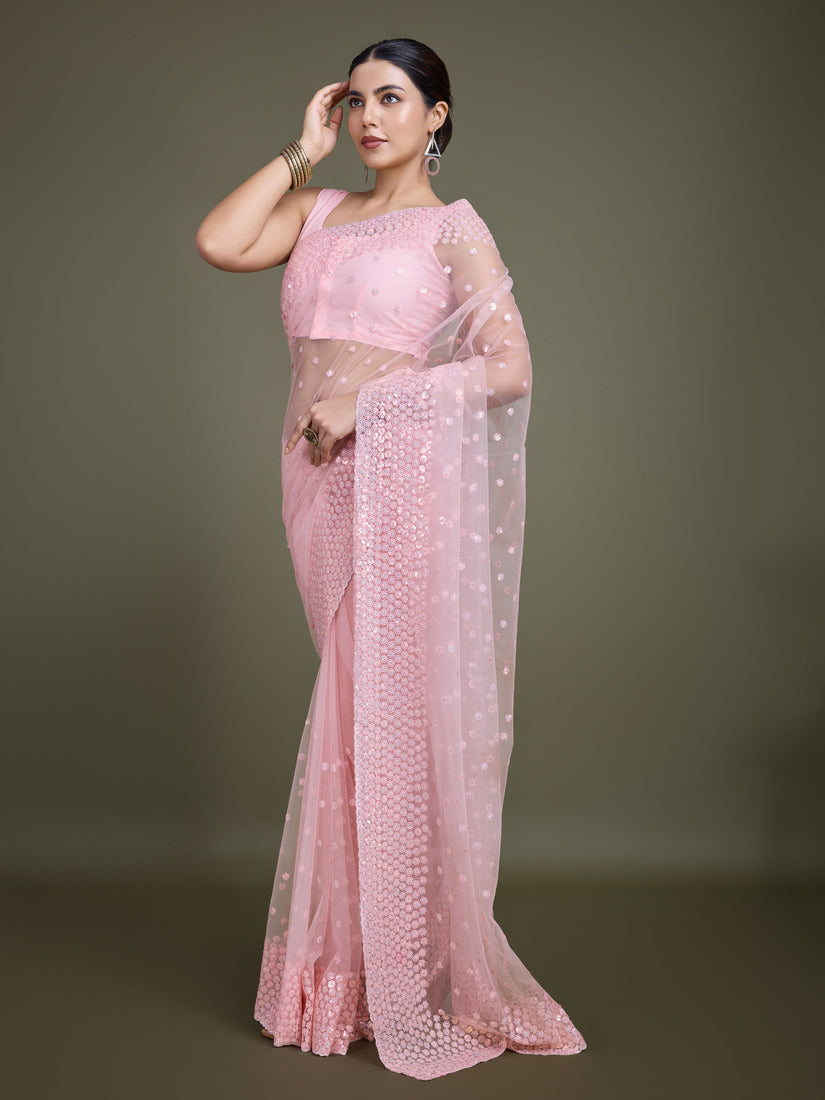 Monjolika Fashion Women'S Light Pink Soft Net SareeWith Sequin Embellished Border And Pallu | Grocsy