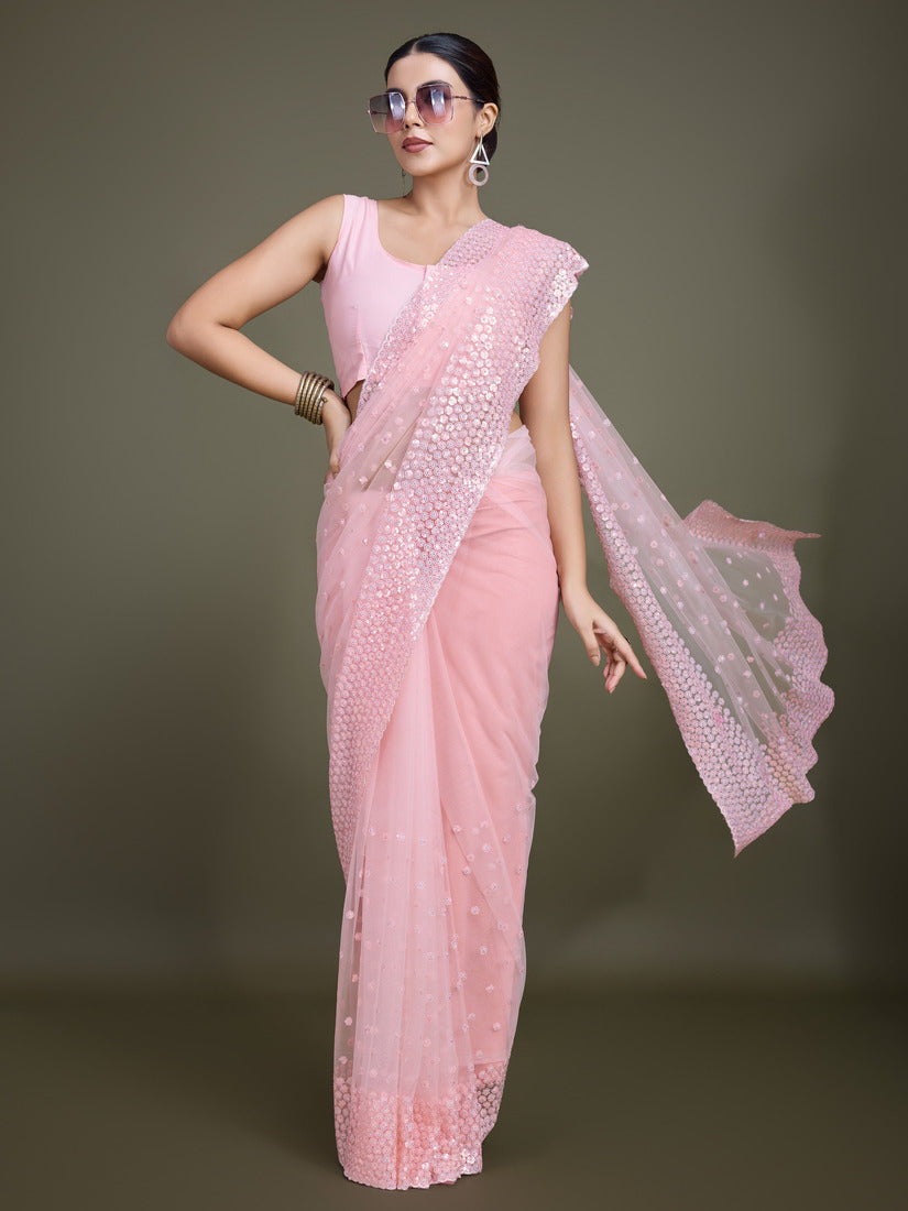 Monjolika Fashion Women'S Light Pink Soft Net SareeWith Sequin Embellished Border And Pallu | Grocsy