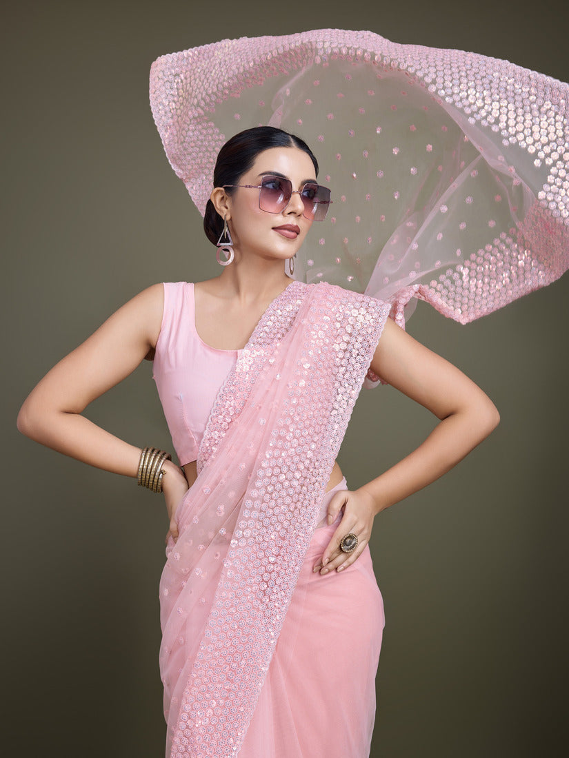 Monjolika Fashion Women'S Light Pink Soft Net SareeWith Sequin Embellished Border And Pallu | Grocsy
