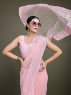 Monjolika Fashion Women'S Light Pink Soft Net SareeWith Sequin Embellished Border And Pallu | Grocsy