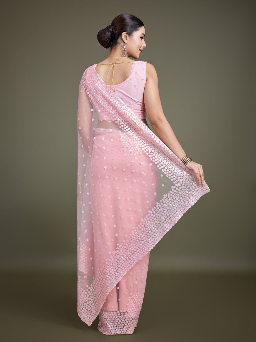 Monjolika Fashion Women'S Light Pink Soft Net SareeWith Sequin Embellished Border And Pallu | Grocsy
