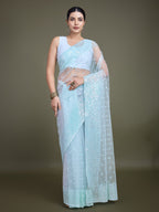 Monjolika Fashion Women'S Light Sky Blue Soft Net SareeWith Sequin Embellished Border And Pallu | Grocsy