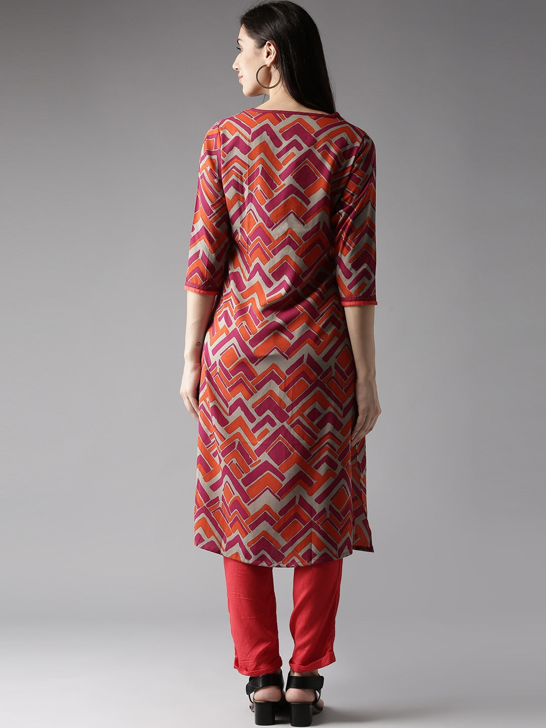 HERE&NOW Women Orange & Grey Printed Straight Kurta | Grocsy