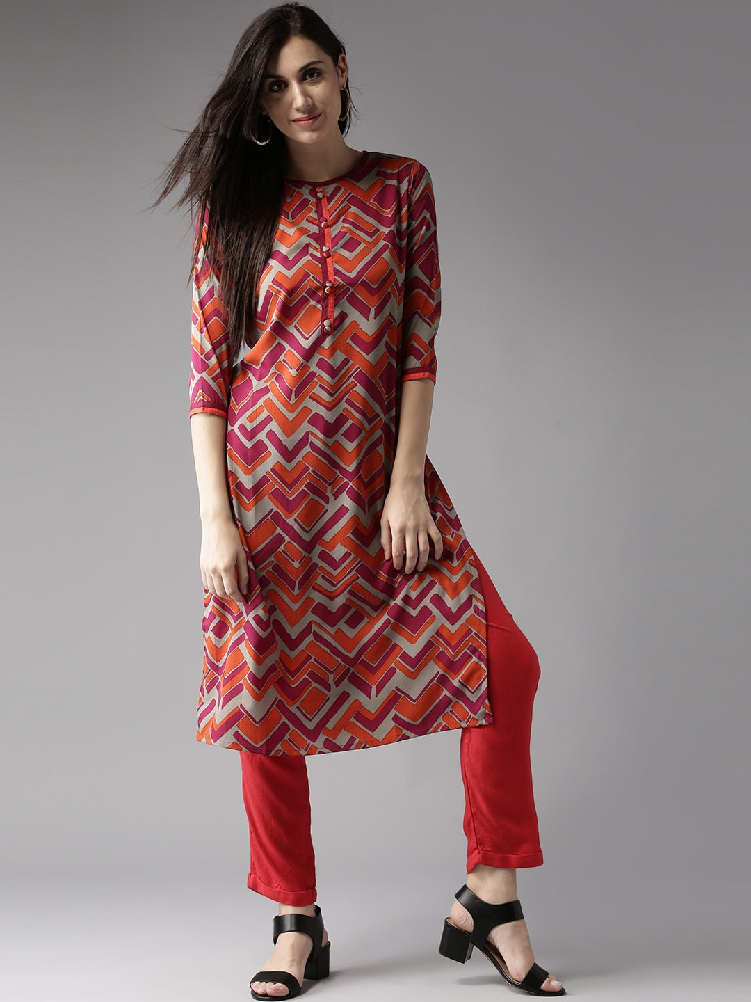 HERE&NOW Women Orange & Grey Printed Straight Kurta | Grocsy