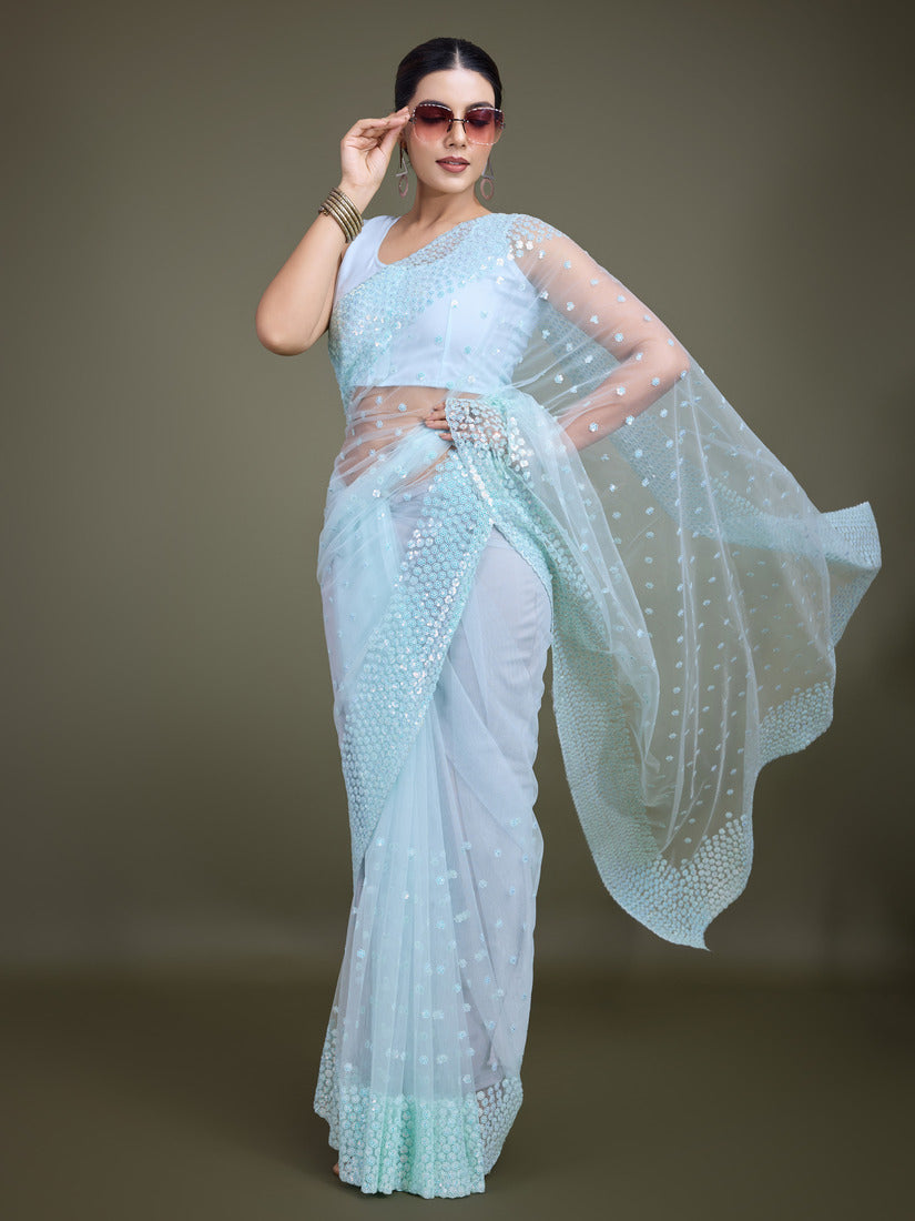 Monjolika Fashion Women'S Light Sky Blue Soft Net SareeWith Sequin Embellished Border And Pallu | Grocsy