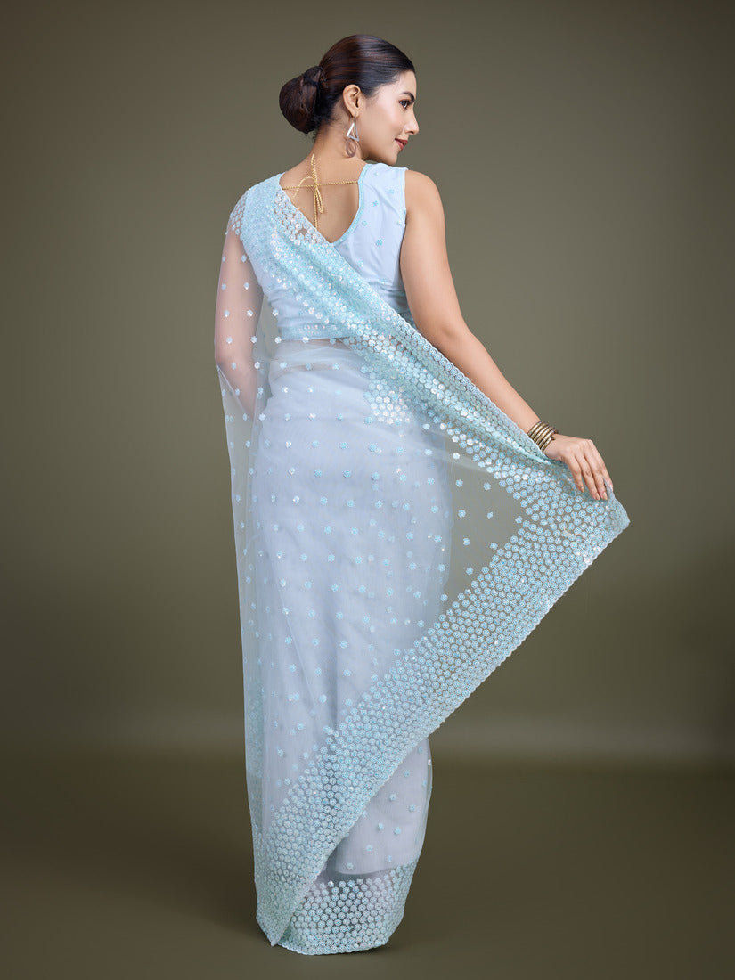 Monjolika Fashion Women'S Light Sky Blue Soft Net SareeWith Sequin Embellished Border And Pallu | Grocsy