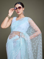 Monjolika Fashion Women'S Light Sky Blue Soft Net SareeWith Sequin Embellished Border And Pallu | Grocsy