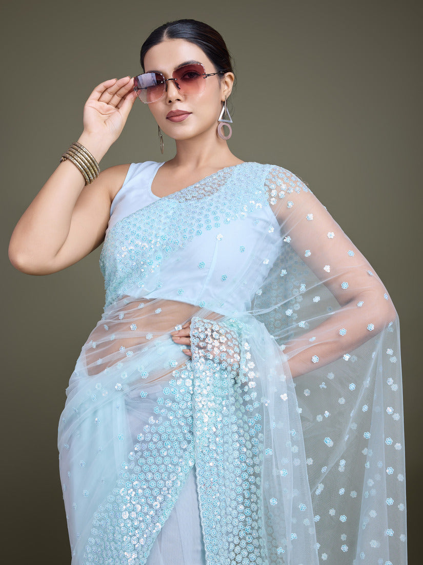 Monjolika Fashion Women'S Light Sky Blue Soft Net SareeWith Sequin Embellished Border And Pallu | Grocsy