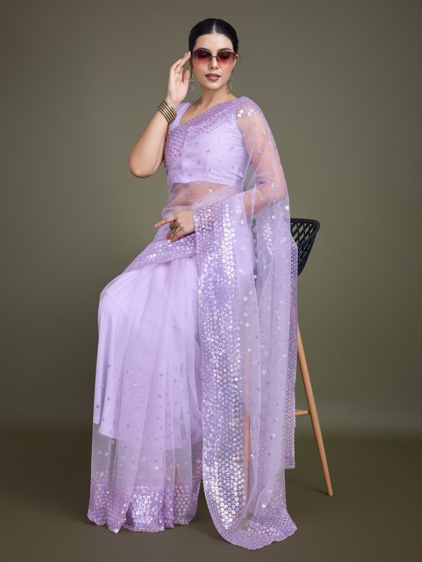Monjolika Fashion Women'S Lavender Soft Net SareeWith Sequin Embellished Border And Pallu | Grocsy