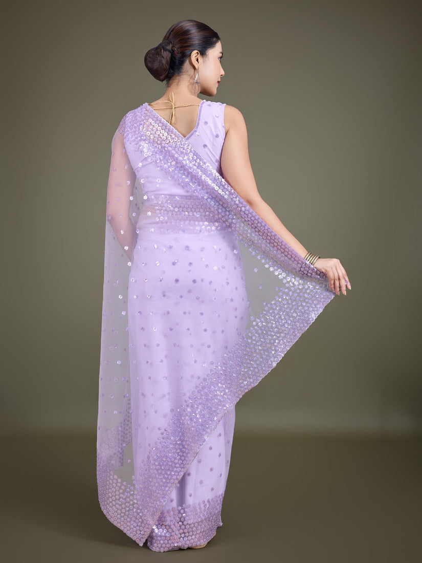 Monjolika Fashion Women'S Lavender Soft Net SareeWith Sequin Embellished Border And Pallu | Grocsy