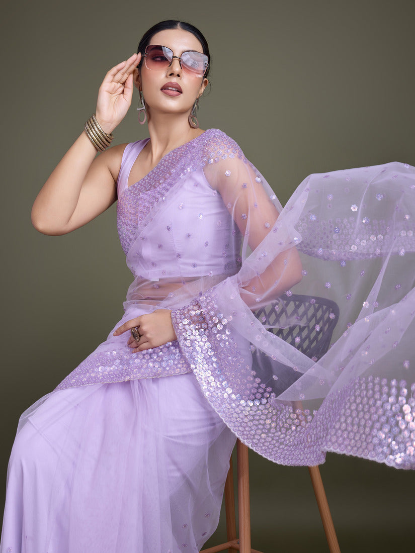Monjolika Fashion Women'S Lavender Soft Net SareeWith Sequin Embellished Border And Pallu | Grocsy