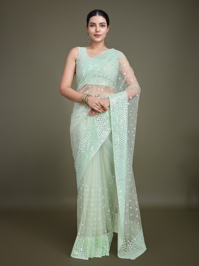 Monjolika Fashion Women'S Light Green Soft Net SareeWith Sequin Embellished Border And Pallu | Grocsy