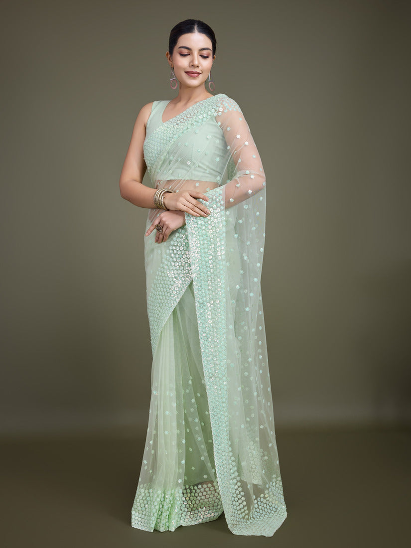 Monjolika Fashion Women'S Light Green Soft Net SareeWith Sequin Embellished Border And Pallu | Grocsy