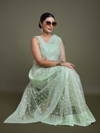 Monjolika Fashion Women'S Light Green Soft Net SareeWith Sequin Embellished Border And Pallu | Grocsy