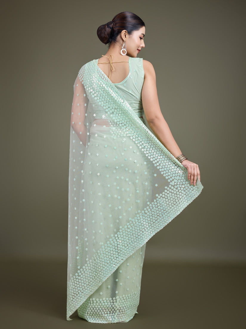 Monjolika Fashion Women'S Light Green Soft Net SareeWith Sequin Embellished Border And Pallu | Grocsy