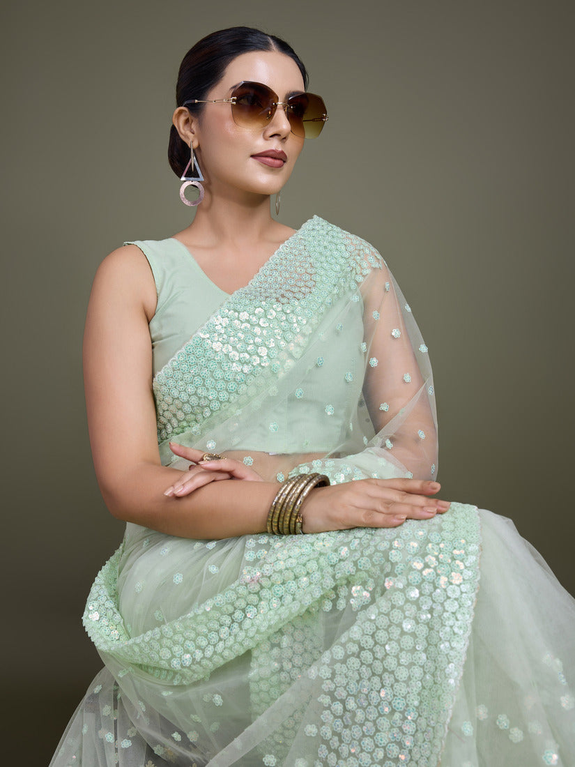Monjolika Fashion Women'S Light Green Soft Net SareeWith Sequin Embellished Border And Pallu | Grocsy