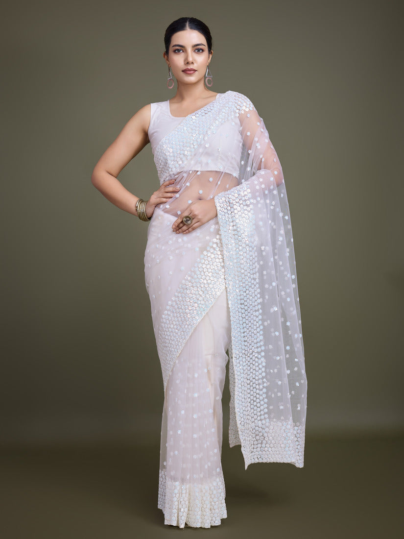 Monjolika Fashion Women'S White Soft Net SareeWith Sequin Embellished Border And Pallu | Grocsy