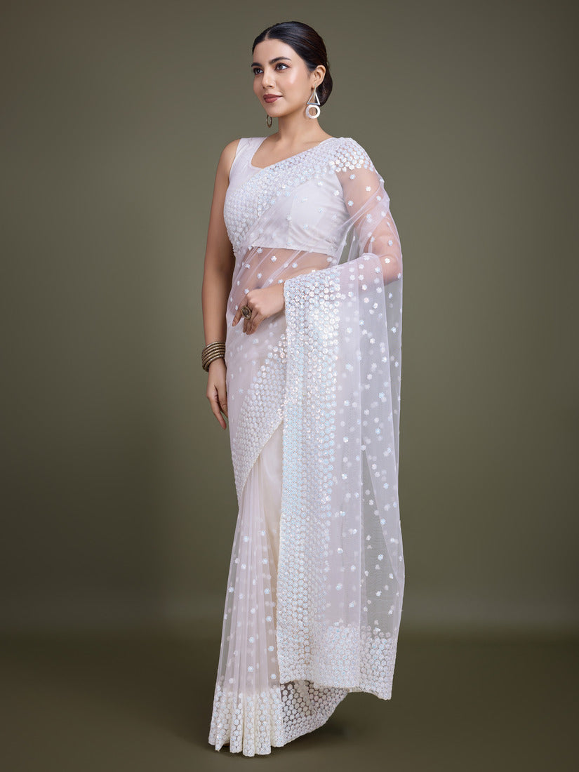 Monjolika Fashion Women'S White Soft Net SareeWith Sequin Embellished Border And Pallu | Grocsy