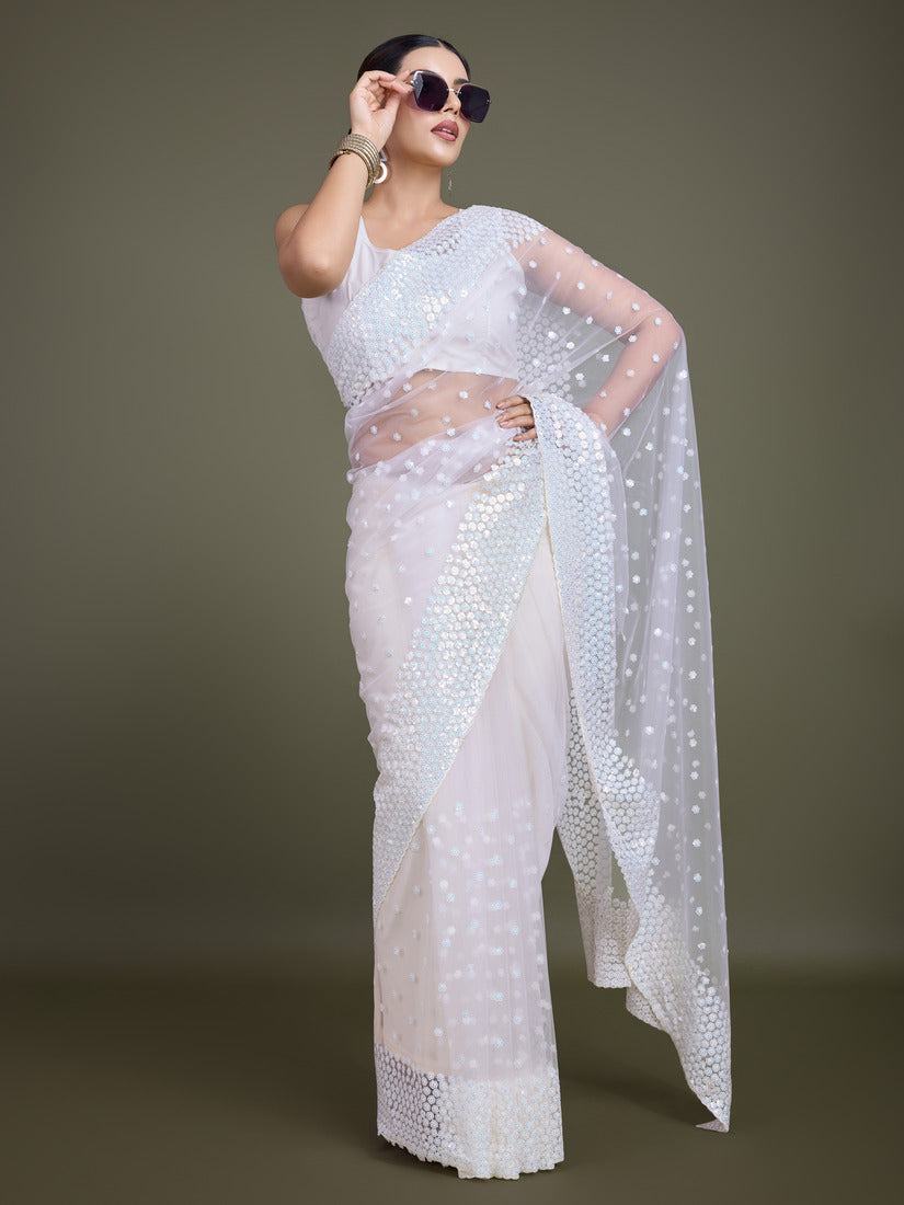 Monjolika Fashion Women'S White Soft Net SareeWith Sequin Embellished Border And Pallu | Grocsy