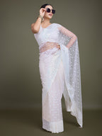 Monjolika Fashion Women'S White Soft Net SareeWith Sequin Embellished Border And Pallu | Grocsy