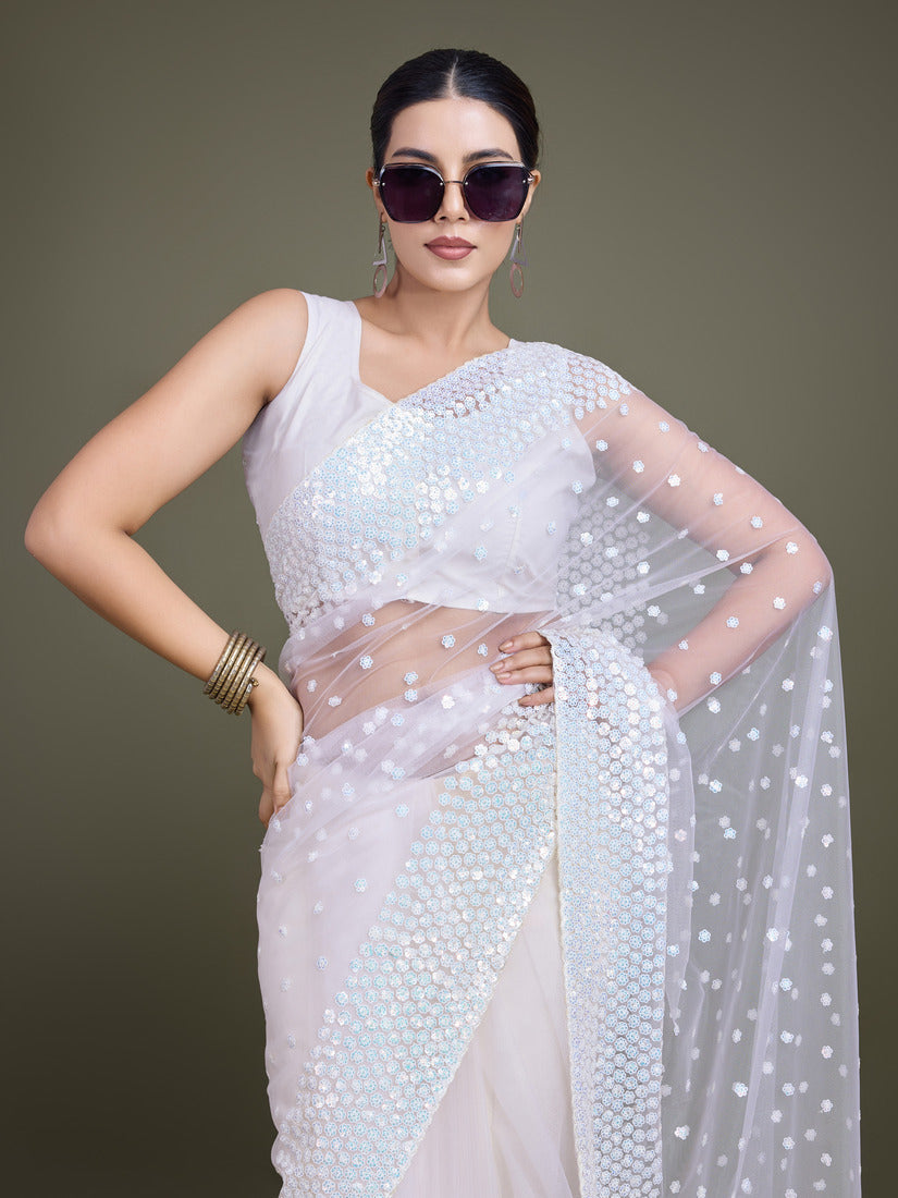 Monjolika Fashion Women'S White Soft Net SareeWith Sequin Embellished Border And Pallu | Grocsy
