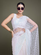 Monjolika Fashion Women'S White Soft Net SareeWith Sequin Embellished Border And Pallu | Grocsy