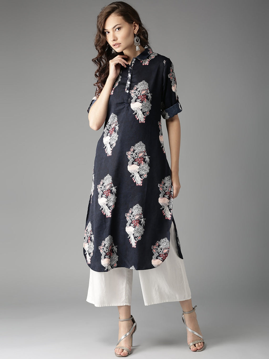 HERE&NOW Women Navy Printed Straight Kurta | Grocsy