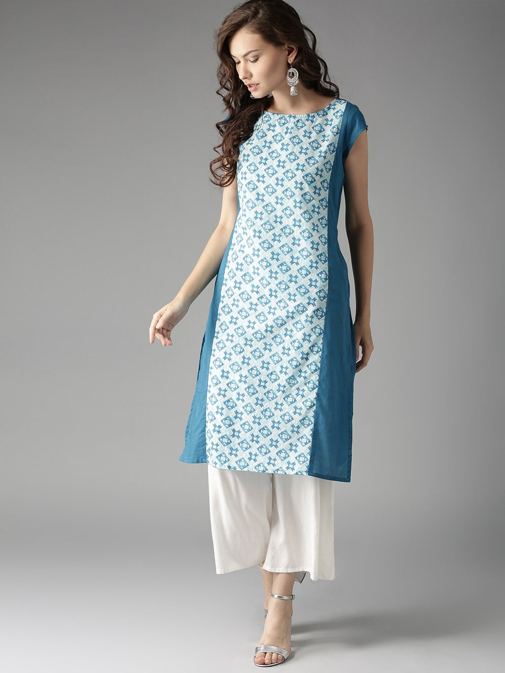 HERE&NOW Women Blue & Off-White Printed Straight Kurta | Grocsy