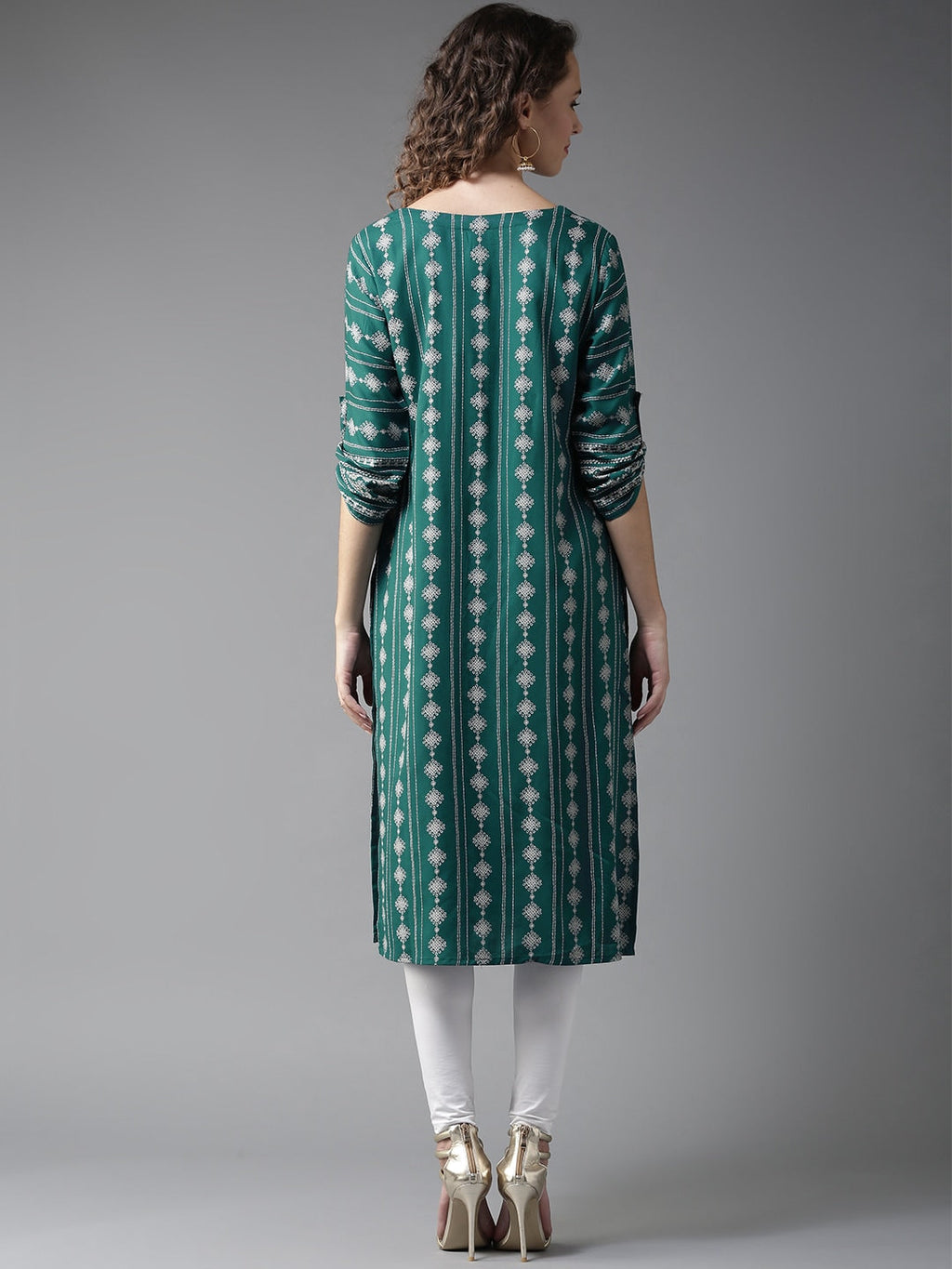 HERE&NOW Women Teal Green & White Printed Straight Kurta | Grocsy