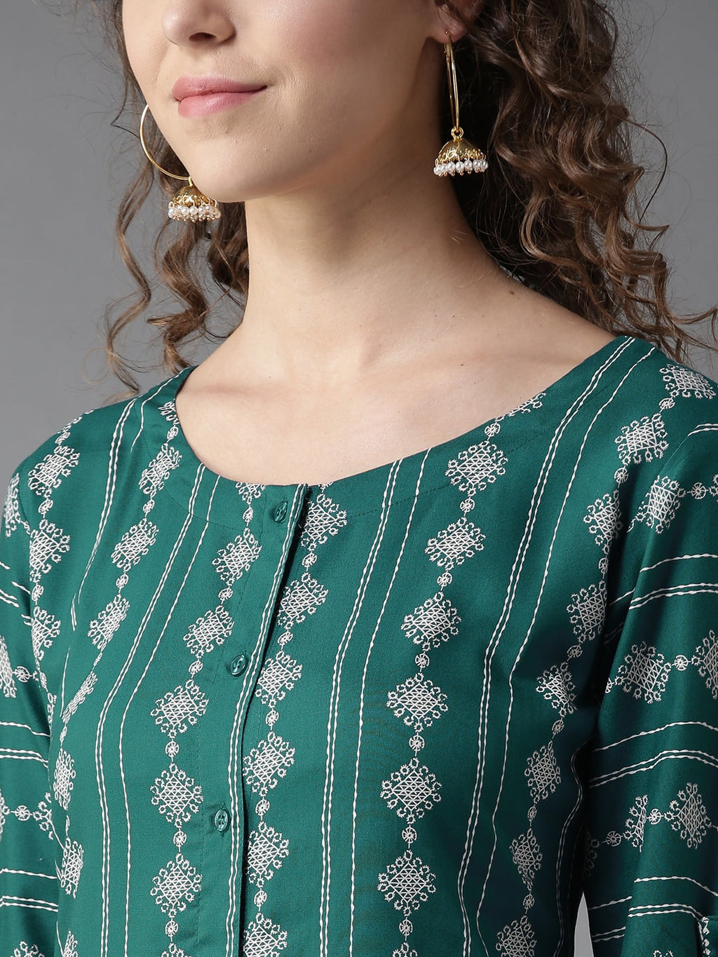 HERE&NOW Women Teal Green & White Printed Straight Kurta | Grocsy