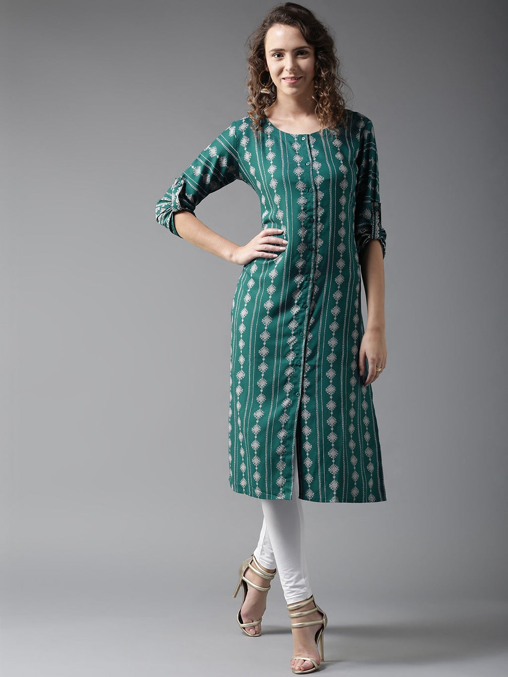 HERE&NOW Women Teal Green & White Printed Straight Kurta | Grocsy