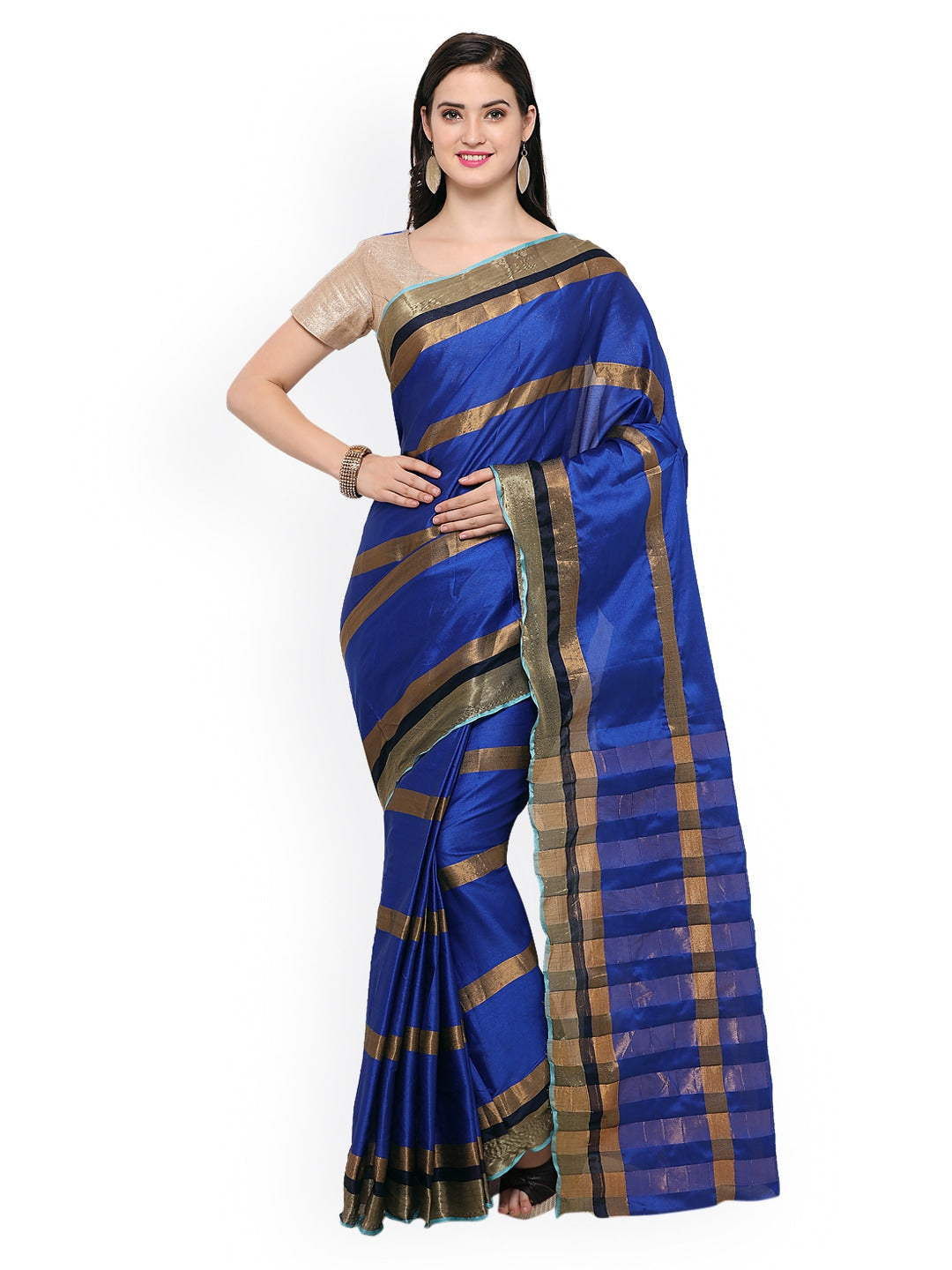 Saree Mall Blue Striped Silk Blend Saree | Grocsy