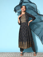 Sangria Ethnic Motifs Yoke Design Pleated Chanderi Silk Kurta with Trousers & With Dupatta | Grocsy