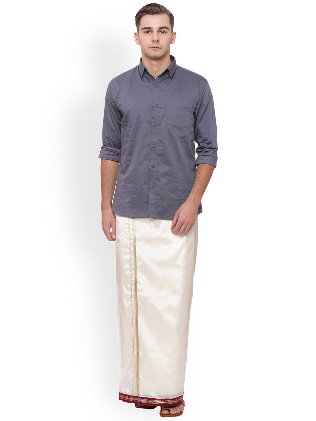 Sethukrishna Men Cream Solid Double Layer Readymade Dhoti With Pocket | Grocsy