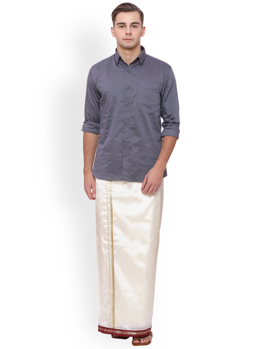 Sethukrishna Men Cream Solid Double Layer Readymade Dhoti With Pocket | Grocsy