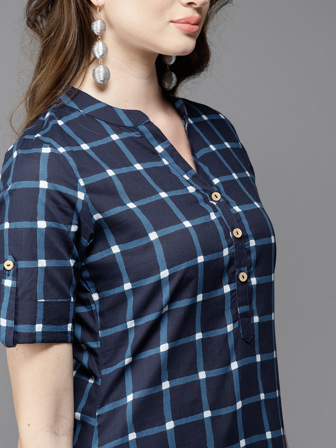 HERE&NOW Women Blue Checked Straight Kurta | Grocsy