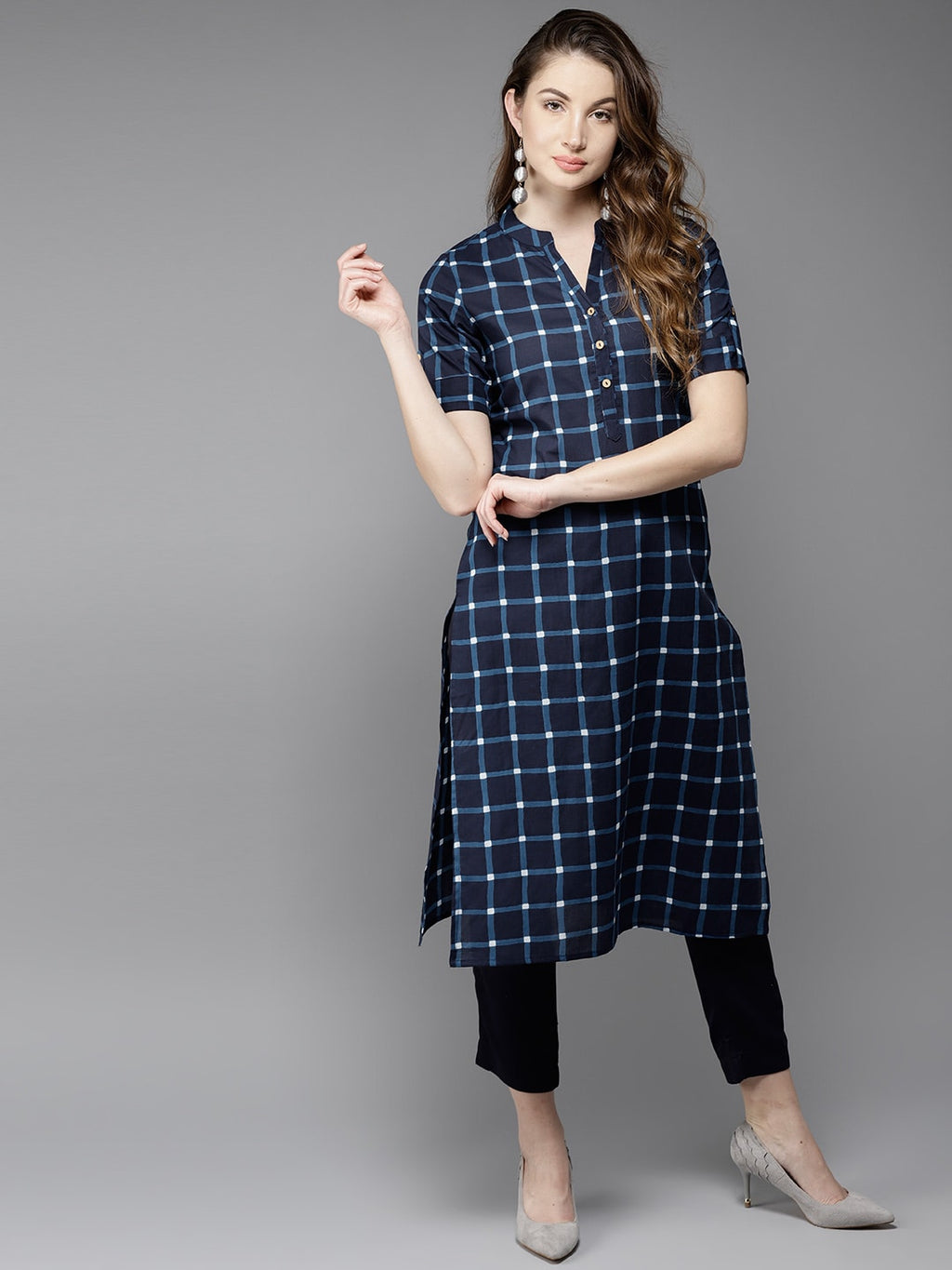 HERE&NOW Women Blue Checked Straight Kurta | Grocsy