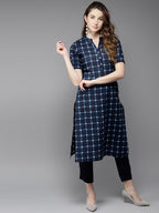 HERE&NOW Women Blue Checked Straight Kurta | Grocsy