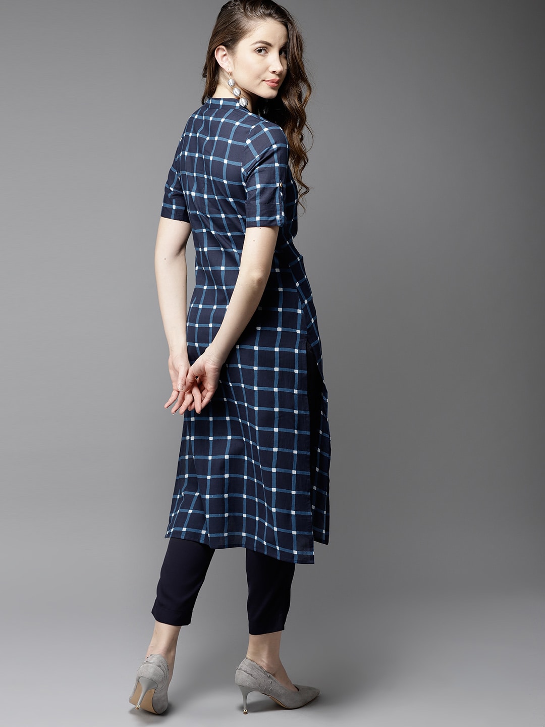 HERE&NOW Women Blue Checked Straight Kurta | Grocsy