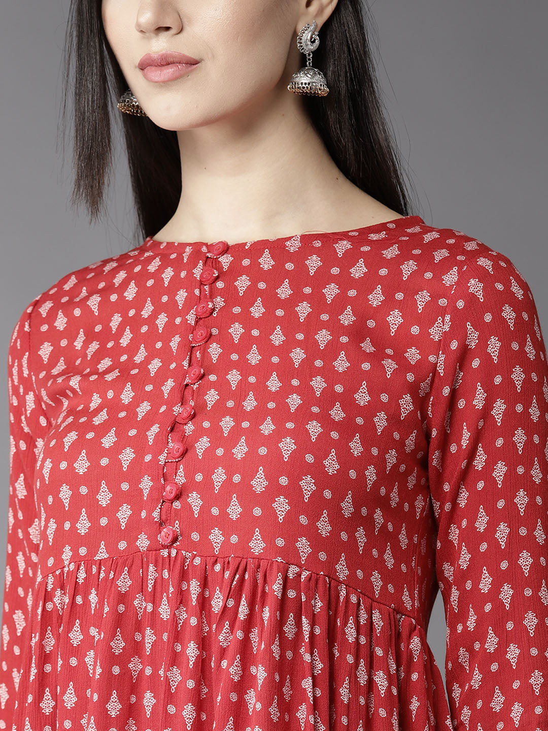HERE&NOW Women Red & Off-White Printed A-Line Kurta | Grocsy