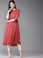 HERE&NOW Women Red & Off-White Printed A-Line Kurta | Grocsy