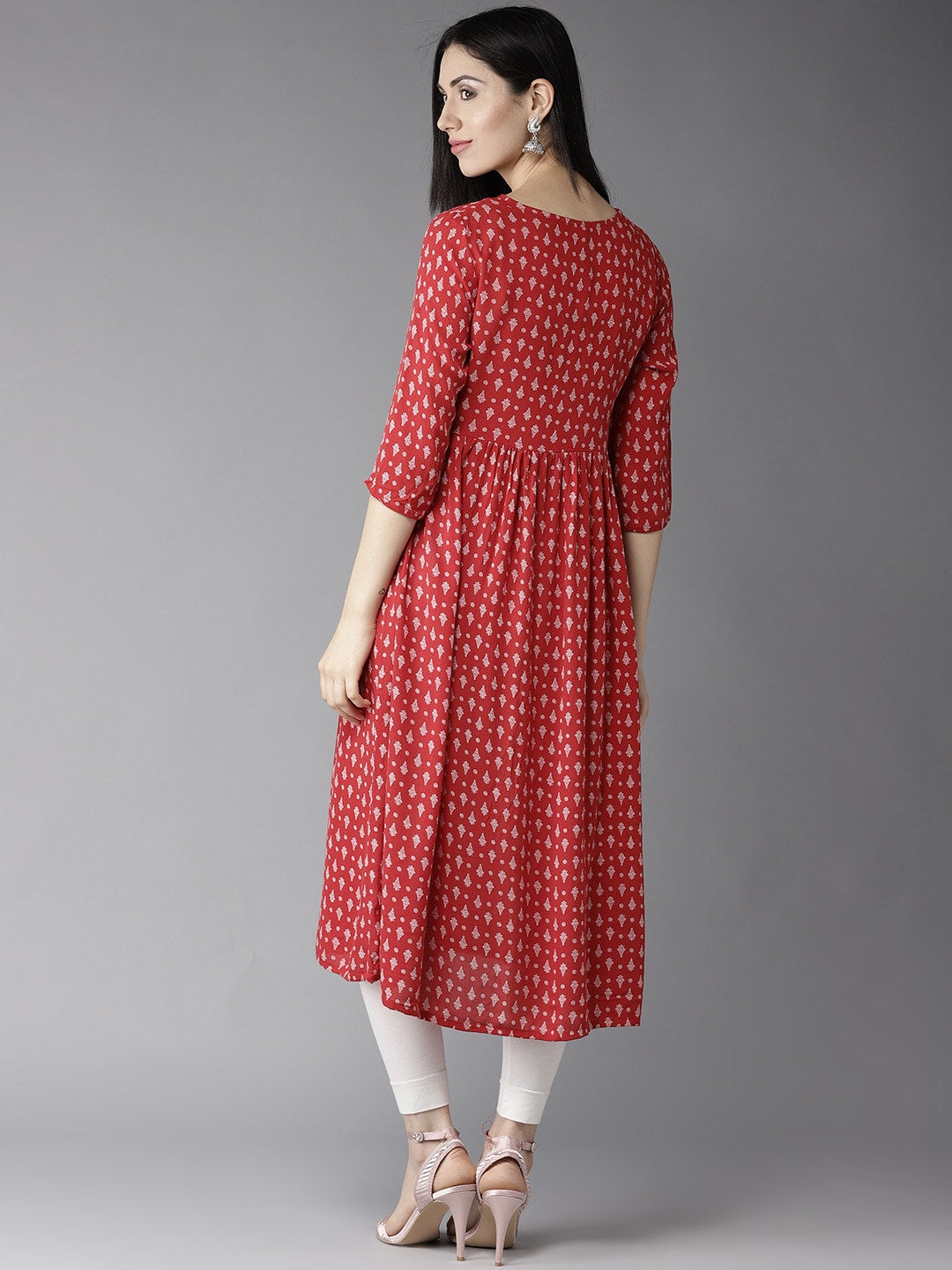 HERE&NOW Women Red & Off-White Printed A-Line Kurta | Grocsy
