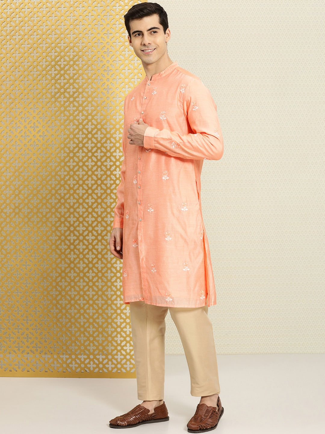 House of Pataudi Men Peach-Coloured Floral Embroidered A-Line Kurta | Grocsy