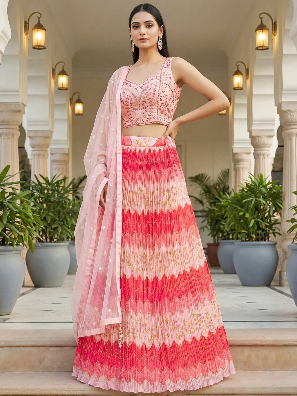Tulsi Art Glamorous Pink Embroidered Chinon Wedding Wear Lehenga Choli | Grocsy